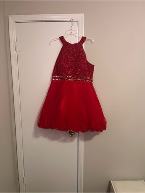 Red Beaded Halter Prom Dress
